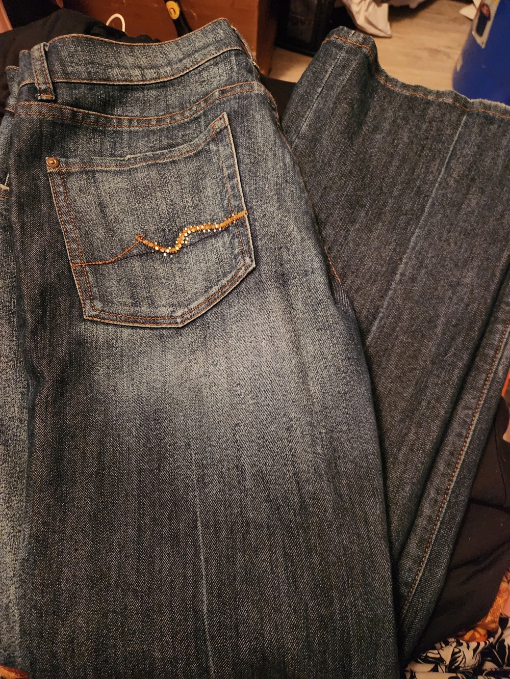 7 For All Mankind Dark Blue Vintage Low Cut  Denim Jeans with Orange Stitching